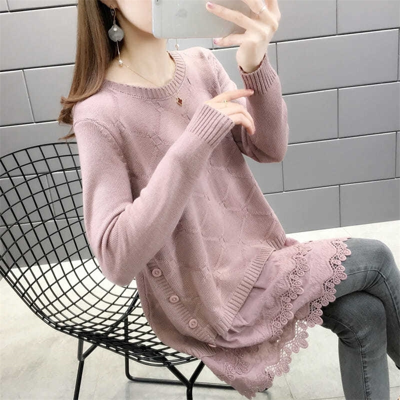Lace Stitching Knitted Sweater Women Single-breasted Decorative Mid-length Loose Bottoming Pullover Jumpers Female Spring 201225
