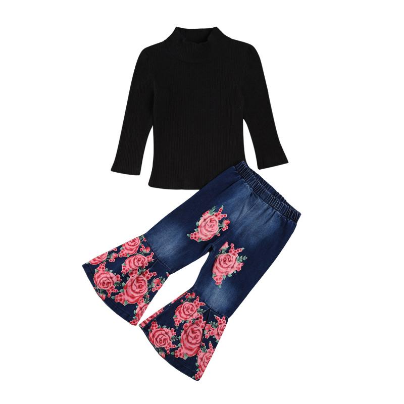 2pcs Kids Girls Clothes Suit Set Solid Color High Collar Long Sleeve Pullover Tops + Floral Print Flared Jeans Pants, As pic
2pcs Kids Girls Clothes Suit Set Solid Color High Collar Long Sleeve Pullover Tops + Floral Print Flared Jeans Pants, As pic