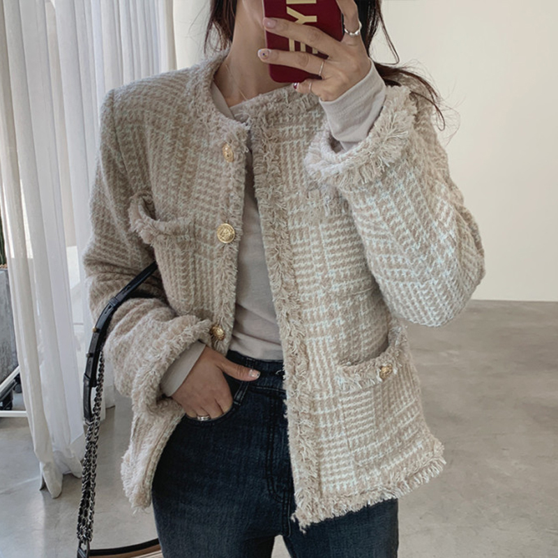 OCEANLOVE Plaid Elegant Chaqueta Mujer Korean Autumn Office Lady Fashion Winter Jackets Women Tassel Vintage Tweed Coat 18545 201029
