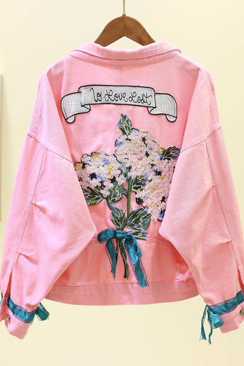 EWQ summer Fruit long sleeve denim jacket Turndown Collar print Embroidery loose Ladies clothing women coat top QH198 201029