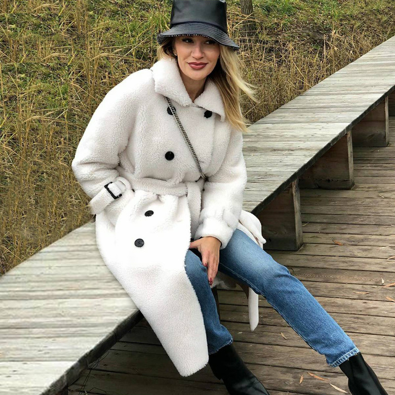 TOPFUR Real Fur Coat Women Winter Sheepskin Coat With Belt Lapel Collar New Genuine Leather Coat Gray Woolen Jacket Outwear 201031