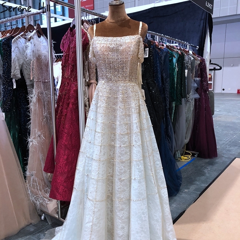 Silver Off Shoulder Short Sleeve Evening Dresses Dubai A-Line Beading Diamond Evening Gowns Serene Hill LA70263 201114