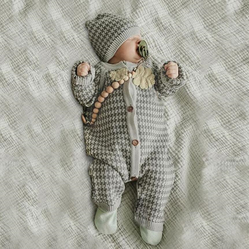 Knitted Newborn Baby Clothes Cotton Autumn Winter Baby Romper With Plaid Hat Infant Toddler Jumpsuit For Girls Boys Onesie Set 201023