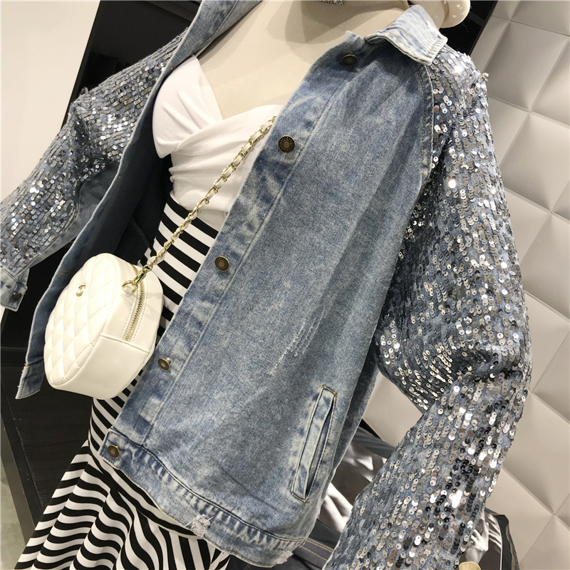 CHICEVER Korean Patcheork Sequined Denim Jacket For Women Lapel Collar Long Sleeve Oversize Loose Hole Coats Female Clothes 201029