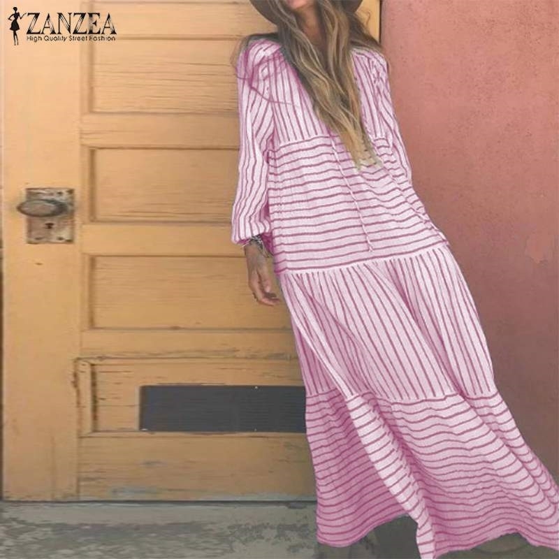 Women Long Maxi Dress ZANZEA Female Printed Stripe Vestidos Ladies Casual Long Sleeve Dresses Party Sundress Kaftan Robe 7 T200416