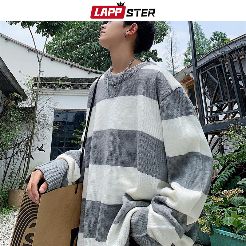 LAPPSTER Men Oversized Striped Sweater Mens Winter Korean Fashions Sweater Male Pullover Harajuku Harajuku Black Sweaters 201125