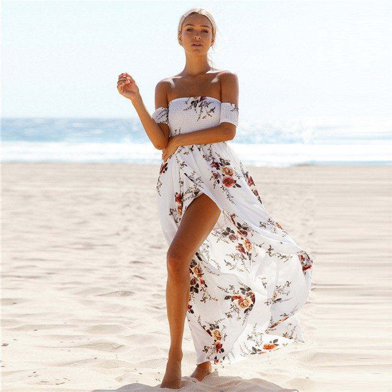 Lossky New Women Sexy Side Split Summer Dress Off Shoulder Vintage Print Maxi Dress Women Beach Dress Vestidos T200107