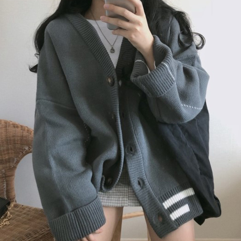 Autumn Korean V-neck Sweater Knitted Cardigan Women Harajuku Loose Long Sleeve Coat Femme Oversize Knitting Sweaters Female 201030