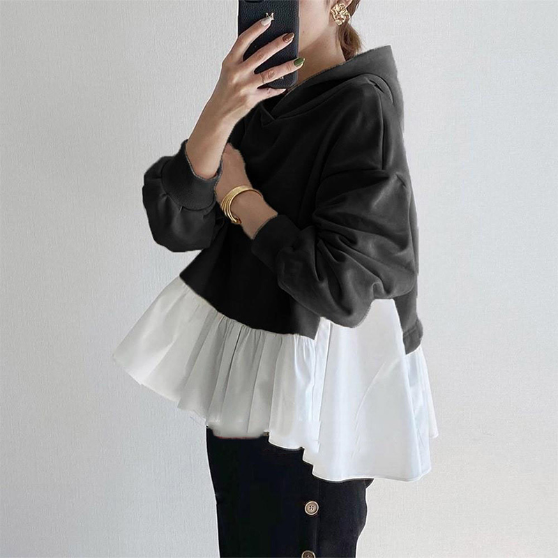 Ruffled Patchwork Hooded Women Hoodies Autumn Long Sleeve Thicken Female Sweatshirts Korean Streetwear Casual Lady Pullover 201203