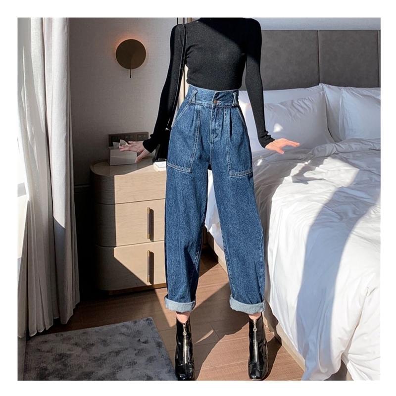 Vintage Boyfriend Jeans Women Wide Leg Straight Loose High Waist Jeans Mujer Plus Size Black Blue Denim Pants Chic 201106