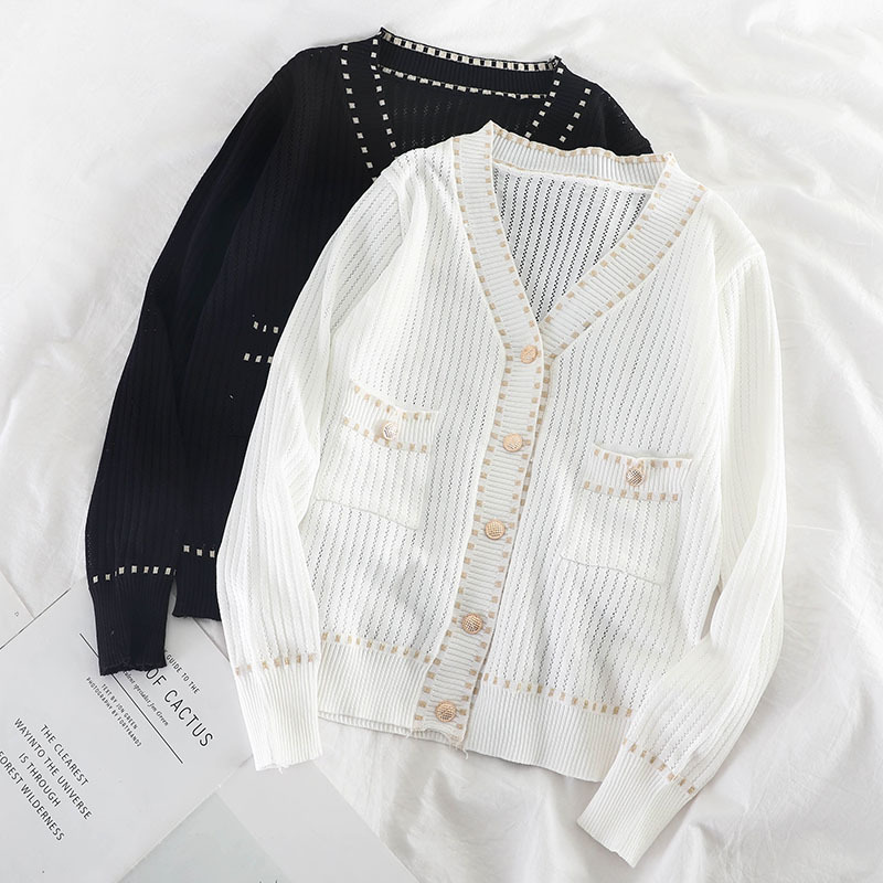 Spring Autumn Women's Cardigan New Single-breasted Stitching Cardigan Korean Style Loose and Thin Knit Female Sweater Coat LL295 201031