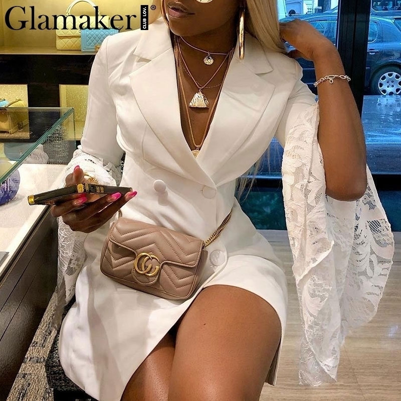 Glamaker Sexy lace patchwork blazer dress women Retro flare sleeve white dress Club party autumn short dress elegant vestidos T200320