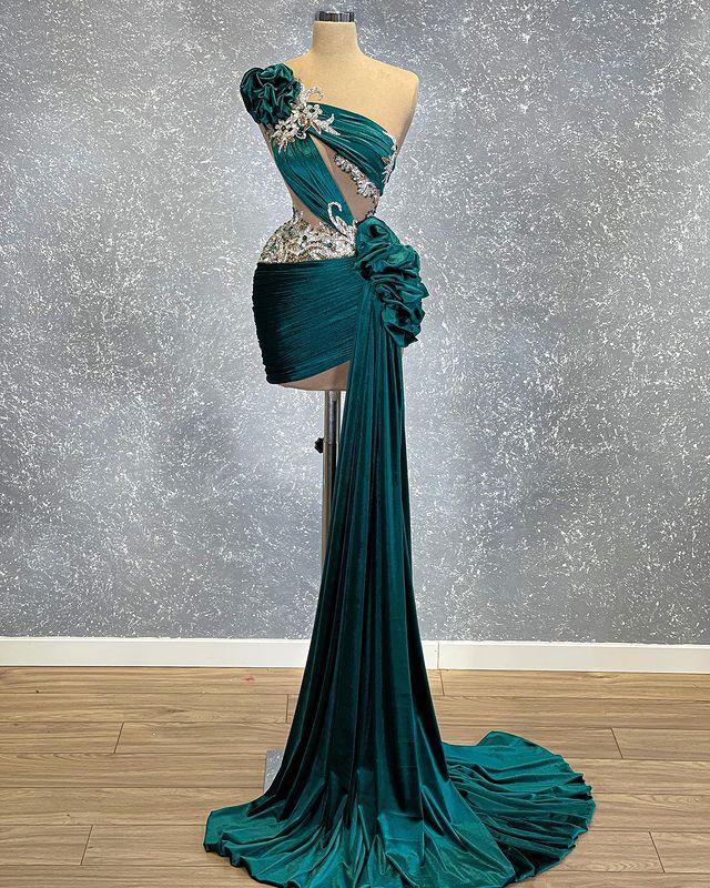 Hunter Green 2022 Sheath Prom Dresses Beaded Crystals One Shoulder Evening Formal Party Second Reception Gowns