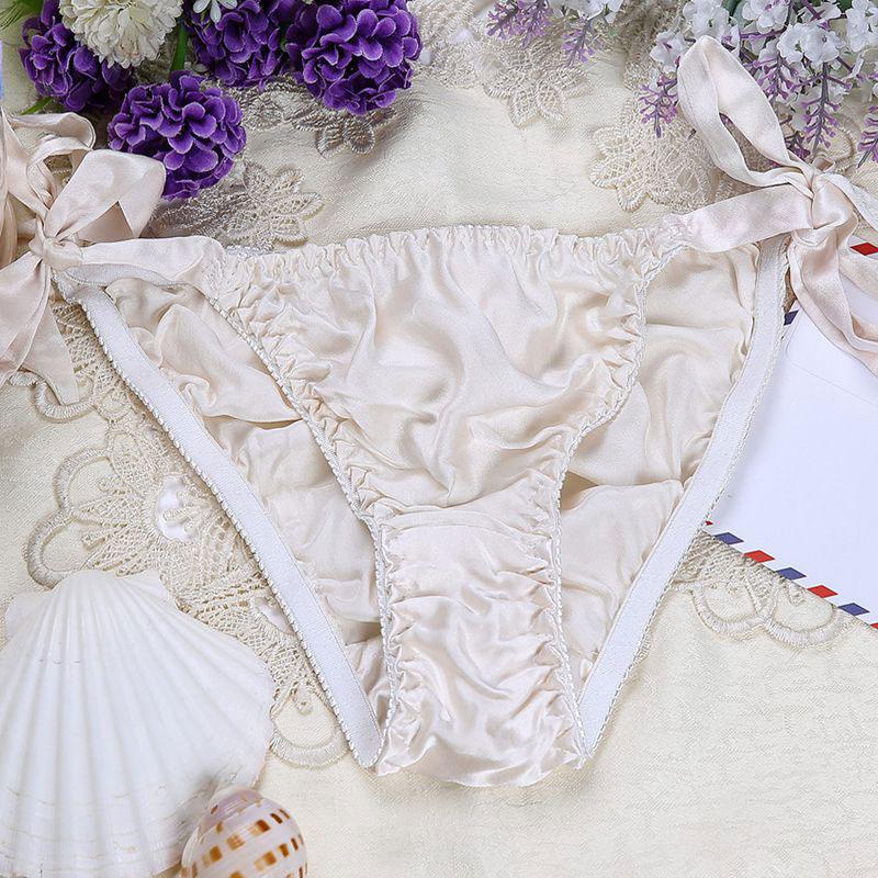 Pure Silk Satin Laceup Panties Women039s Sexy Bikini Briefs Panties Underwear Lingerie Satin Lace Knickers Briefs Female Linge3823358