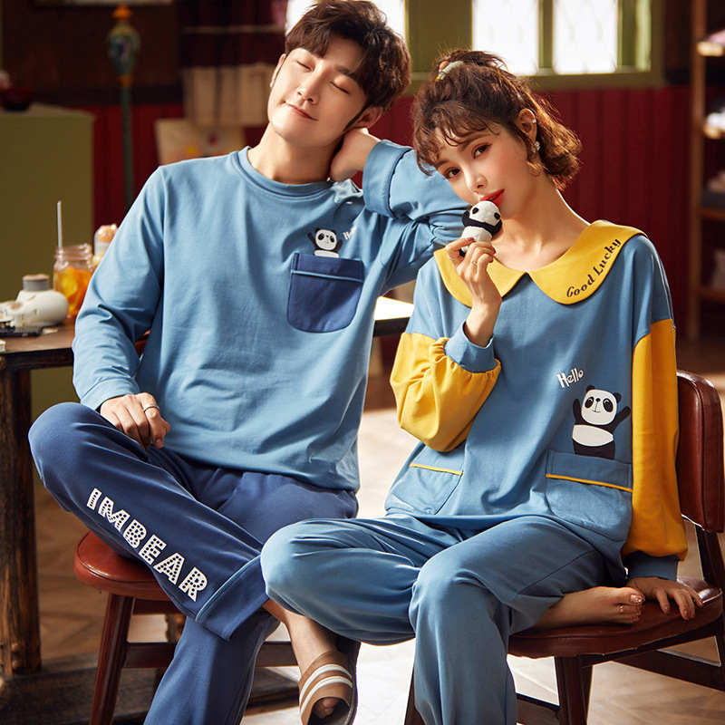 NIGHTWA Autumn Pajamas Couples Cotton Sleepwear Soft Pyjama Sets Cartoon Pattern Women Pajama Set Long Sleeve Men Lounge Pijamas 201027