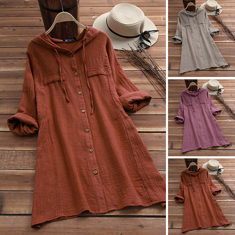 Plus Size Linen Shirt Womens Summer Autumn Blouse 2019 Long Sleeve Shirts Female Button Asymmetrical Blusas Hooded Tunic T200321