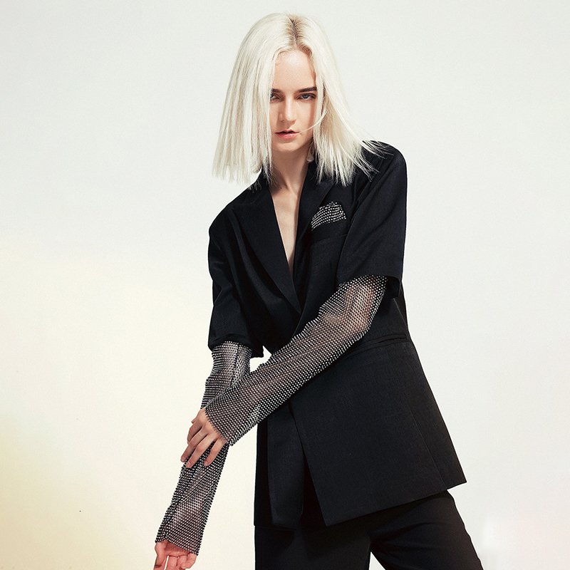 TWOTWINSTYLE Patchwork Diamond Women's Blazer Long Sleeve Notched Hit Color Slim Suit Female Autumn Plus Size Fashion New 201201