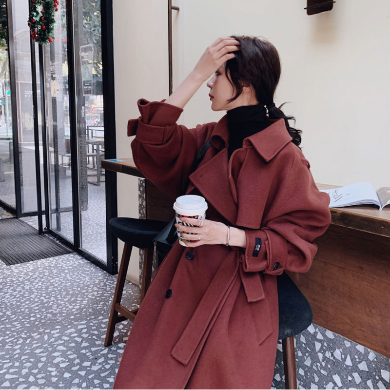 Khaki Wool Long Coats For Women Winter Solid Cashmere Coat Warm Woollen Cloak Overcoat Korean Outerwear Sashes Surcoat Y201006
