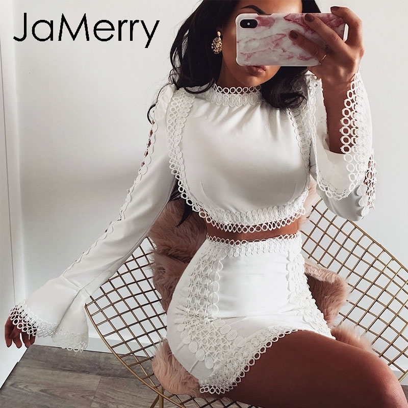 JaMerry Vintage elegant lace bodycon dress White two piece set hollow out autumn dress suit Winter sexy party club mini dresses T200911