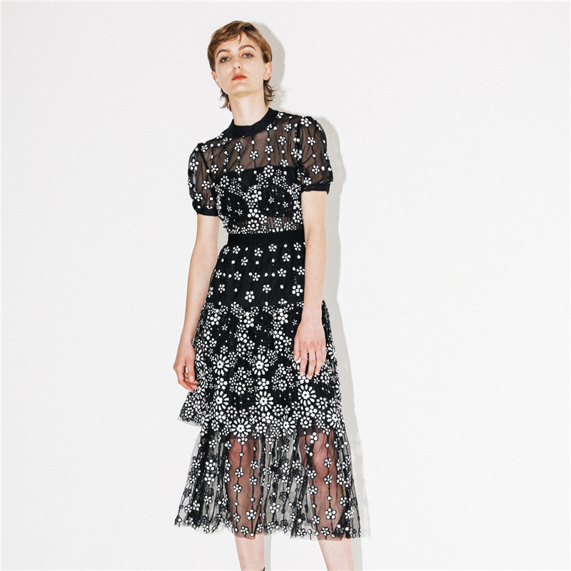 New arrive women lace dress round collor short sleeve female black flower midi dress T200113