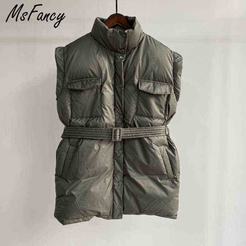 Msfancy Green Quilted Vest Women Winter Stand Collar Gilet Femme Fashion Pockets Tunic Lace-up Chaleco Mujer Outwear 211220