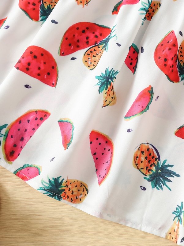 Toddler Girls Watermelon & Pineapple Print Guipure Lace Trim Cold Shoulder Dress SHE01