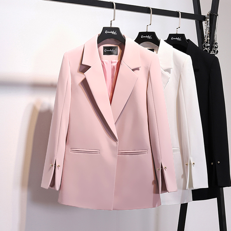 2019 Spring New Pattern Coat Notched Collar Spilt Sleeve Pearls Decoration Pocket Ladies Fashion Blazer T200319