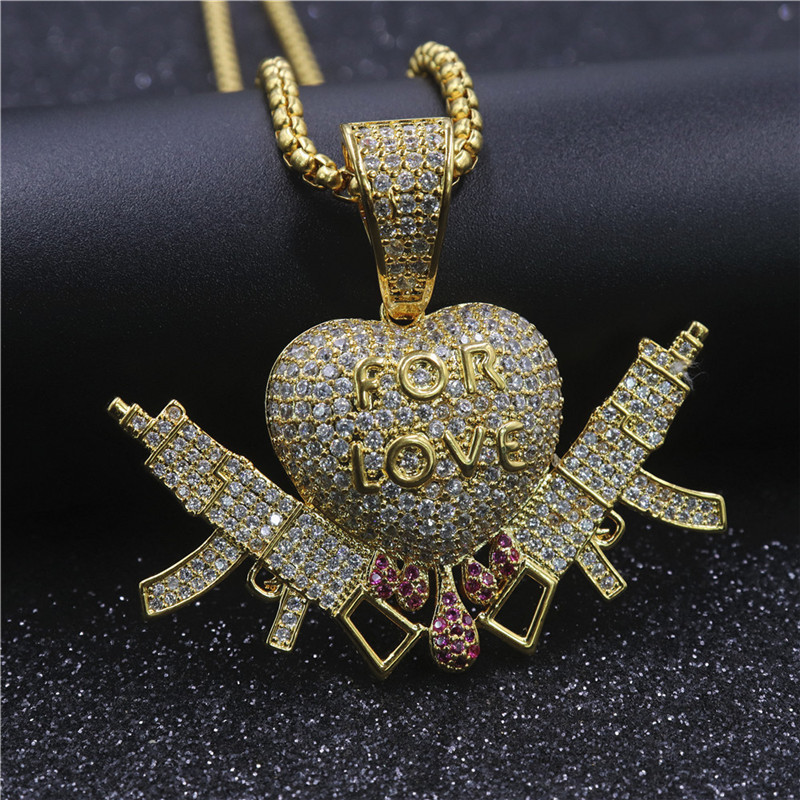 Iced Out Love Heart Pendant Hip Hop Full CZ Stone Double Gun Charm Necklace Rapper Jewelry For Men Free shipping Free shipping