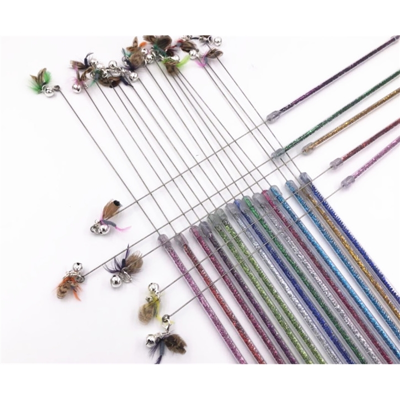 usd 1.45/pc pet cat kitten toys teaser wands fishing pole wands flying insect cat playing toys feather 20pcs/lot LJ201225