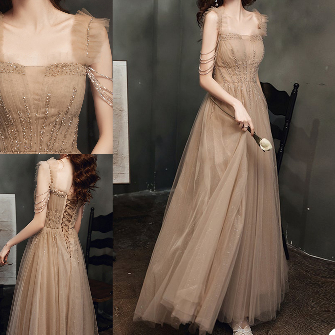 Evening Dresses Beaded Square Neck A Line Prom Dress Party Wear Floor Length Custom Made Formal Gowns