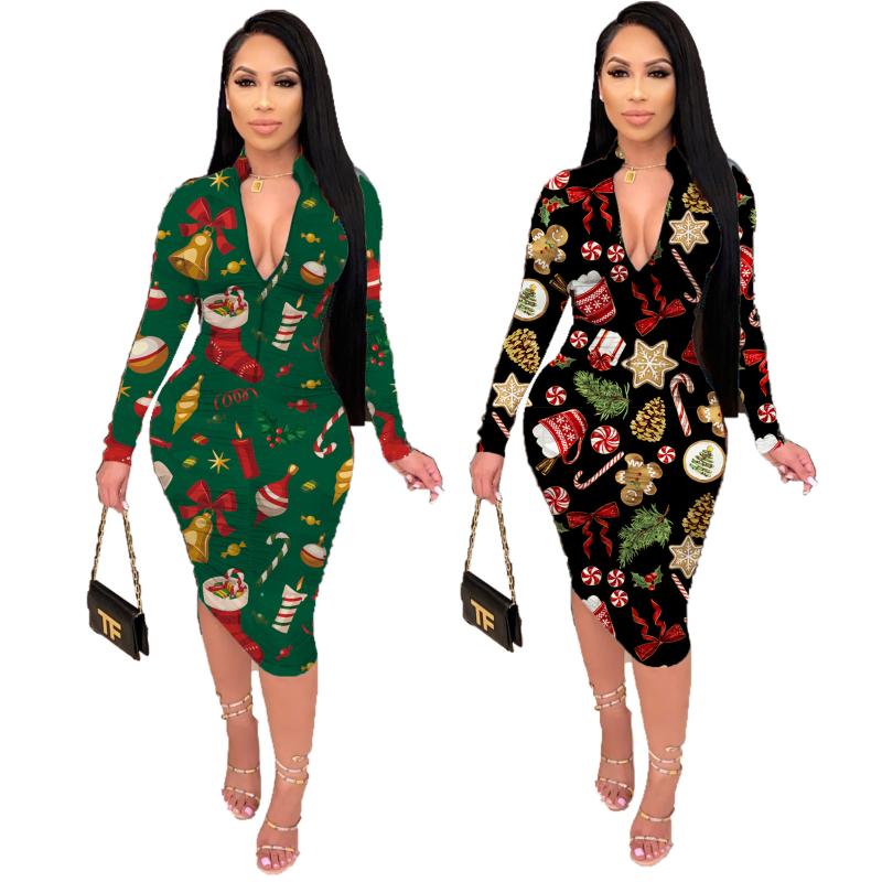 Women Autumn Christmas Print Bodycon Midi Dress Long Sleeve Pencil Stacked Ruched Sexy Night Club Party Zipper Dresses, Green
Women Autumn Christmas Print Bodycon Midi Dress Long Sleeve Pencil Stacked Ruched Sexy Night Club Party Zipper Dresses, Green