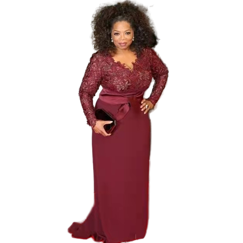 OprahWinfrey Red Carpet Plus Size Burgundy Mother Of The Bride Dresses Straight V-Neck Long Sleeve Lace Top Sweep Train Evening Gowns Women Formal Wed