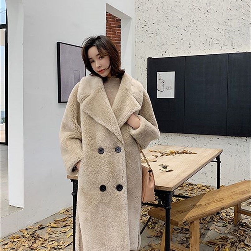 Obrix Winter Straight Female 100% Sheep Wool V-Neck Double Breasted Casual Full Sleeve Streetwear Fashionable Fur Coat For Women 201214
