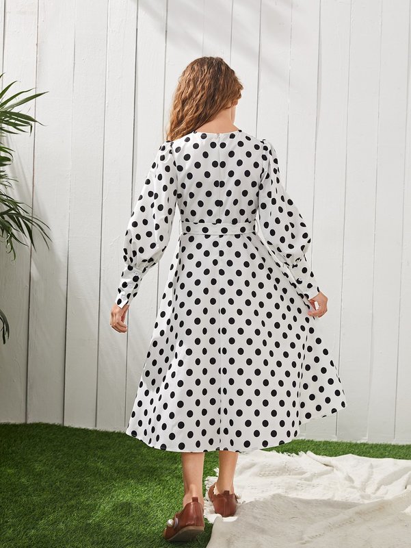 Girls 1Pc Polka Dot Belted Lantern Sleeve Dress SHE