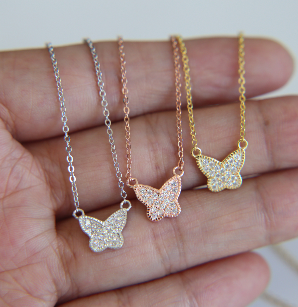 gold silver rose gold 3 colors colorful beautiful butterfly necklace Bohemia style 925 sterling silver paved cz turquoise fashion jewelry