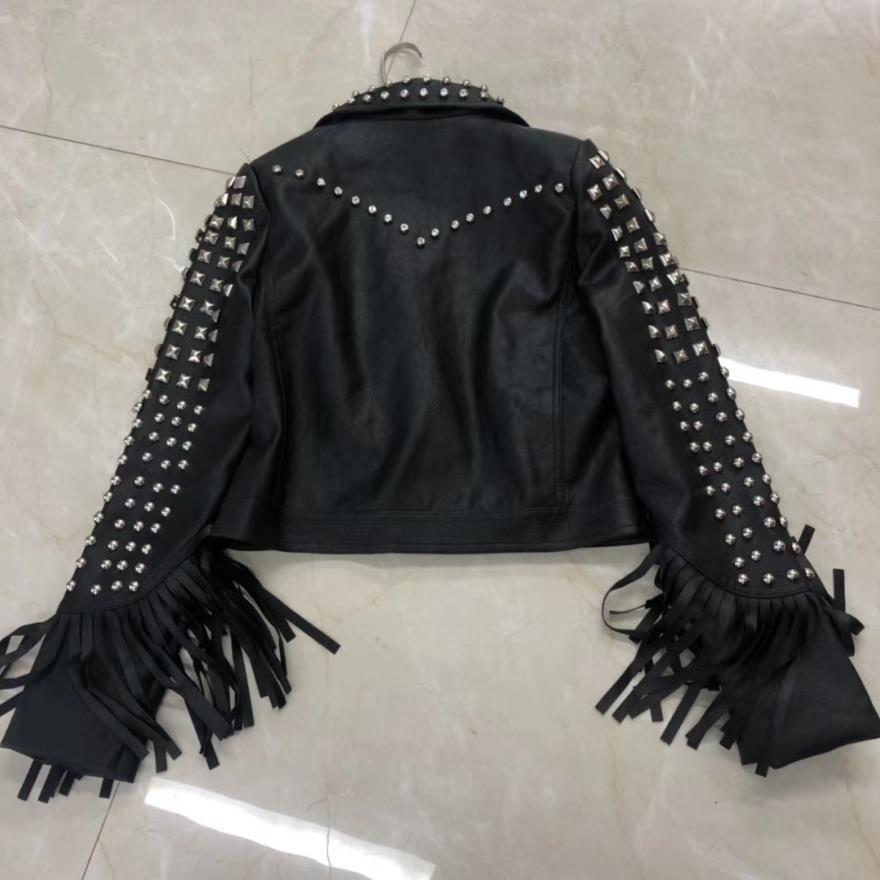 Rivet beading soft pu leather coats Women tassel stitching pu Leather Jacket Punk Rock Cropped Jackets faux leather coat F2190 201020