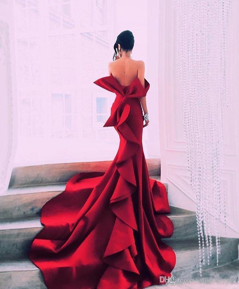Red Mermaid Portrait Fabulous Prom Dresses Sexy Off Shoulder Big Bow Backless Celebrity Party Gowns Dubai Satin Chapel Train Evening Gowns CG001