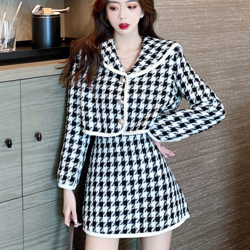 New Autumn Houndstooth Vintage Two Piece Set Women Crop Top Short Tweed Jacket Coat + Mini Bodycon Skirt Sets Ladies Suits 201124
