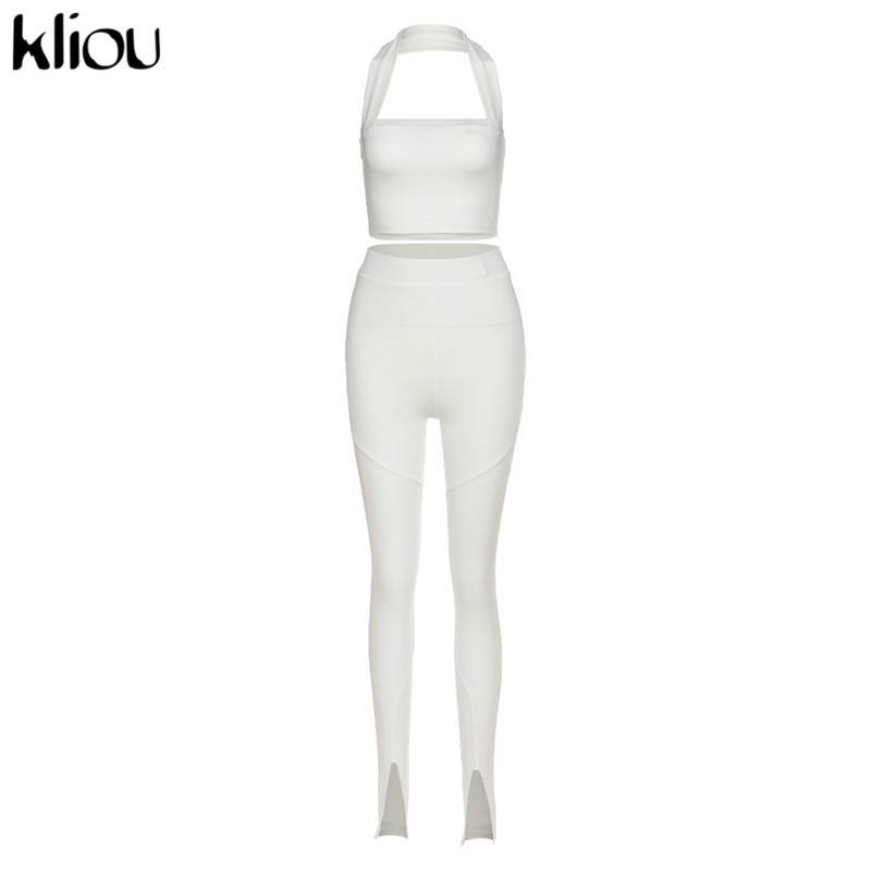 Kliou women two piece outfit halter sleeveless tank tops outdoor leggings sporty matching set skinny tracksuit fitness outfits 201104