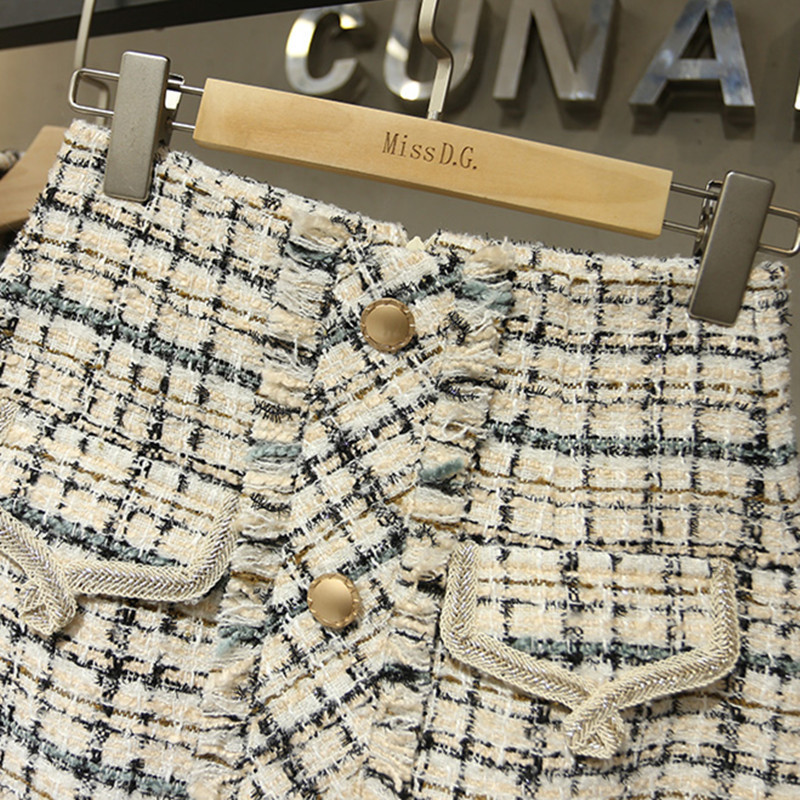 BLLOCUE Tweed Suit Set Winter Women Gold Double-breasted Short Jacket Coat+Tassel Mini Skirt Suit Wool 2PCS Clothing Set 201027