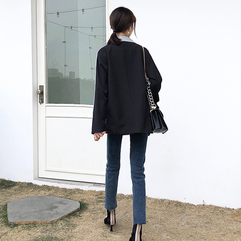 EAM Women Gray Brief Contrast Color Blazer Lapel Long Sleeve Loose Fit Jacket Fashion Spring Autumn 1Y535 201114