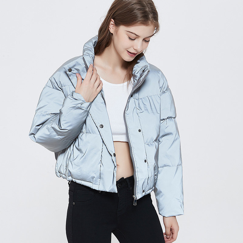 Fluorescent Clothing Night Puffer Jacket Women Reflective Winter Thick Cropped Jacket Sexy Streetwear Crop Top Luminous Coat 201217