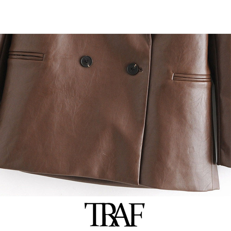 TRAF Women Fashion Double Breasted Faux Leather Blazers Coat Vintage Notched Long Sleeve Female Outerwear Chic Tops 201114