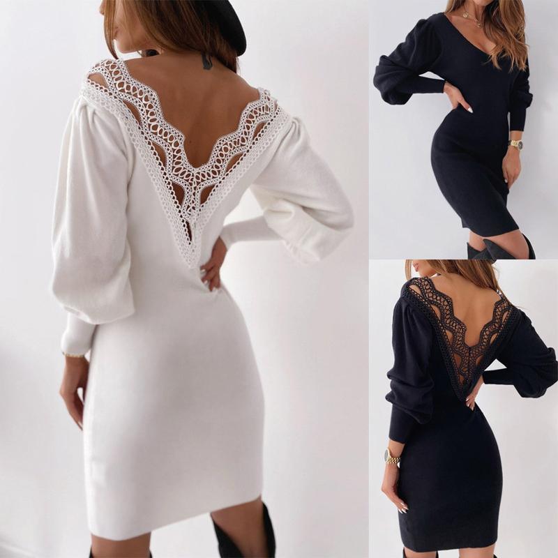 Fashion Lace Sexy Backless Short Dress Ladies Long Sleeve V-Neck Bodycon Dress Women Casual Evening Party Vestido de fest, Black
Fashion Lace Sexy Backless Short Dress Ladies Long Sleeve V-Neck Bodycon Dress Women Casual Evening Party Vestido de fest, Black