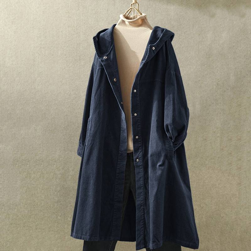 ZANZEA Vintage Corduroy Jackets Autumn Women Hoodies Long Sleeve Long Cardigan Hooded Outwear Thin Coats Female Buttons Down Top T200111