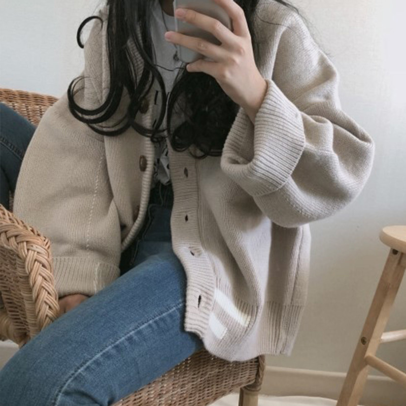 Autumn Korean V-neck Sweater Knitted Cardigan Women Harajuku Loose Long Sleeve Coat Femme Oversize Knitting Sweaters Female 201030