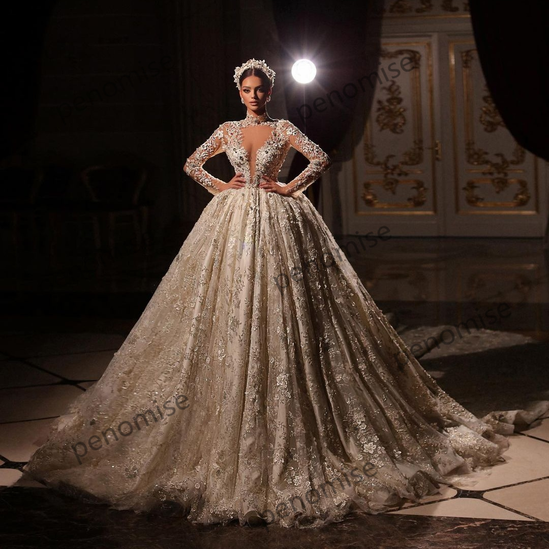 Long Vintage Sleeve Wedding Dresses Lace Appliques Arabia Bridal Gowns Sequin Beaded Customise Vestido De Novia