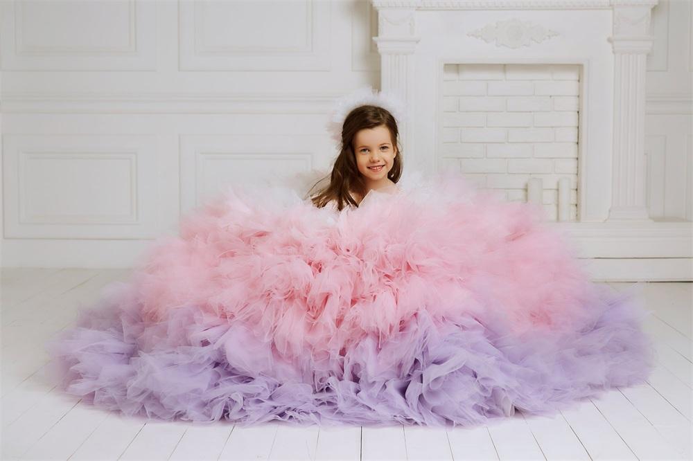Colorful Tiered Cupcakes Little Girl Pageant Dresses Feather Sleeve Tutu Tulle Skirt Beauty Prom Pageant Dress First holy Communion Gowns Brithday Par