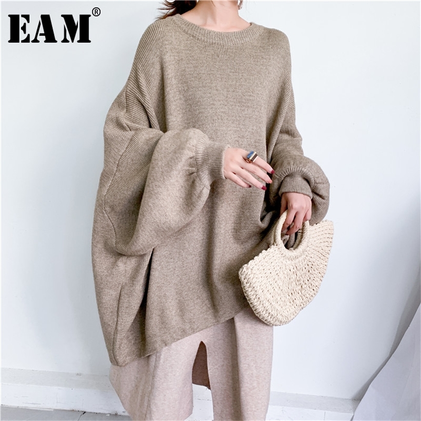[EAM] Oversized Gray Knitting Sweater Loose Fit Round Neck Long Sleeve Women Pullovers New Fashion Autumn Winter 1Y190 201222