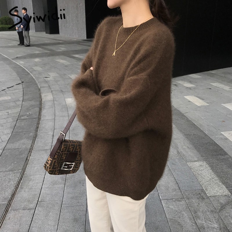 Syiwidii Pullovers Knit Sweater Women Winter Clothes Batwing Sleeve Faux Fur Thicken Plus Size Korean Top Oversize Black 201130
